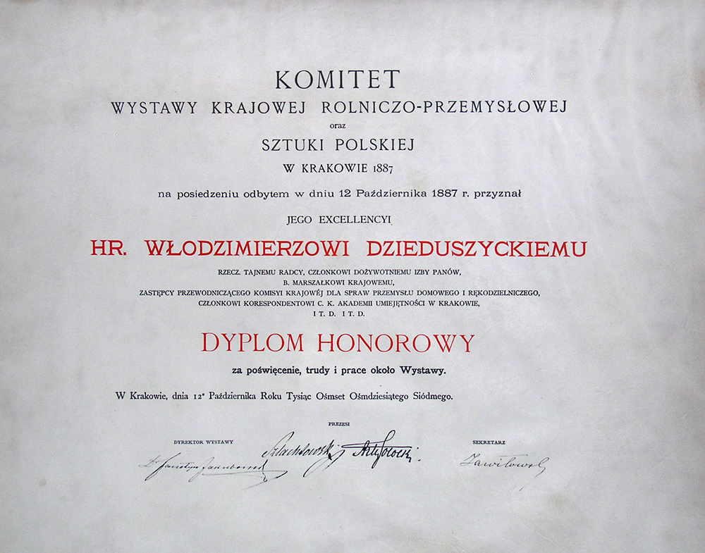 Diplomas Komitet Wystawy Krajowej Rolniczo-Przemysłowej oraz Sztuli Polskiej w Krakowie 1887