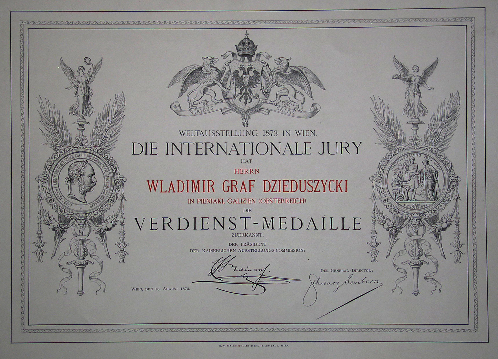 Diplomas Weltaustellung 1873 in Wien. Die Internationale Jury