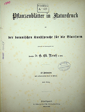 Pflanzenblätter in Naturdruck mit der botanischen kunstvrache für  die Blattform: [Atlas] / gesamt. und herausgegeben von G. Ch. Reuss. – 2-Aufl. – Stuttgart: E. Schweizerbart'sche Verlagshandlung, [s.a]. – 42 Taf.
