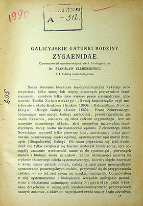 Galicyjskie gatunki rodziny Zygaenidae / opracował systematycznie i biologicznie Dr. Stanisław Klemensiewicz // Sprawozdanie Komisyi Fizyograficznej . T. 36. — 1909.